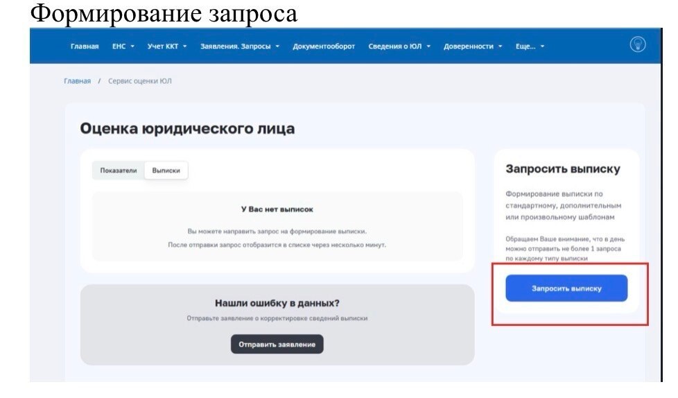 Запрос выписки в сервисе оценки юридических лиц ФНС